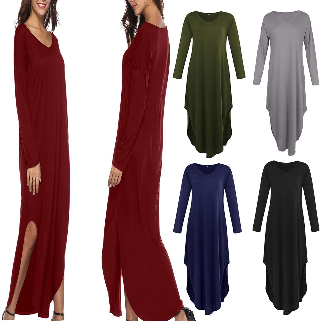 Women's V Neck Long Sleeve Side Pocket Split Beach Loose Long Maxi Dress
