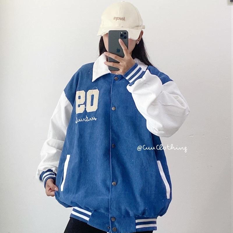 Áo khoác bomber bóng chày cổ sơmi nhung gân 2 lớp thêu số 09 unisex ulzzang nam nữ
