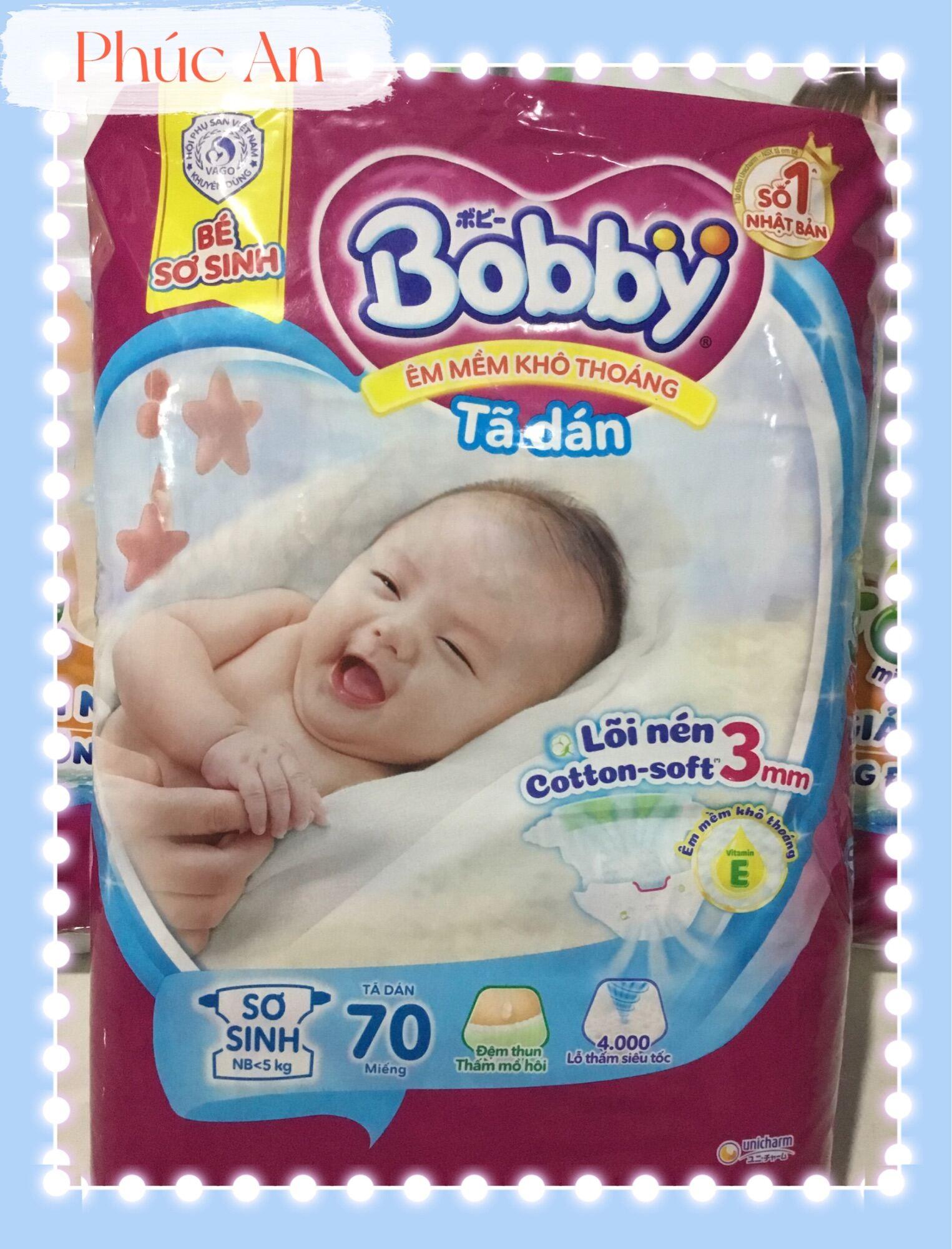 Tặng Thêm 4 Miếng Bên Trong - Tã Dán Sơ Sinh Bobby Size NB 70 Miếng (Newborn NB70) Êm Mềm Khô Thoáng Cho Trẻ &lt; 5Kg - Tã Dán Bé Sơ Sinh Bobby Size SX (Bobby xs70)
