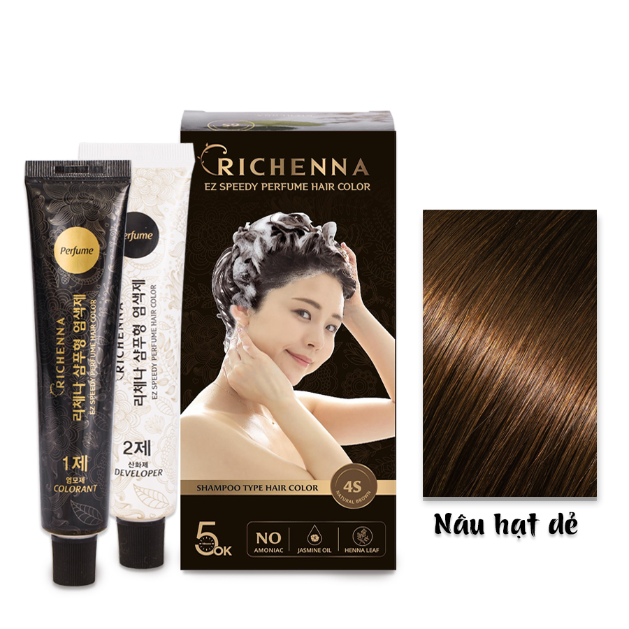 Gội nhuộm phủ bạc thảo dược  Richenna EZ Speedy Perfume Hair Color hương nước hoa màu nâu hạt dẻ 60G