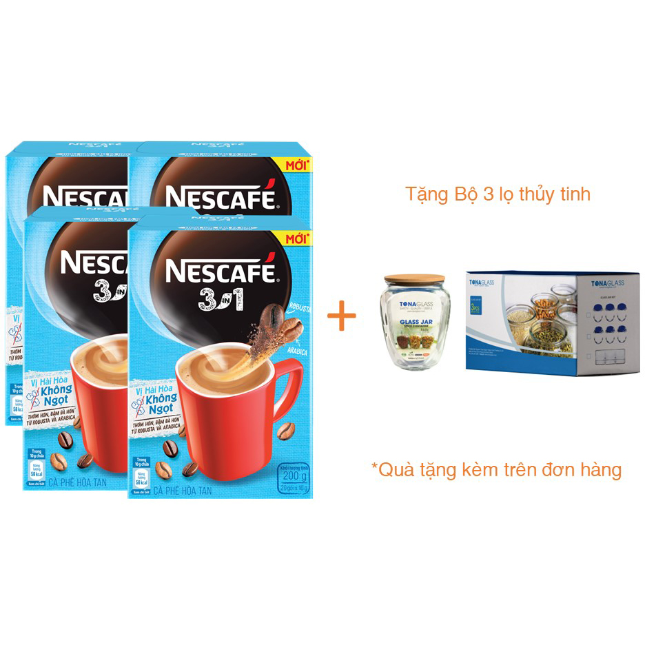 Combo 4 hộp cà phê hòa tan Nescafé 3in1 vị hài hòa không ngọtmới (Hộp 20 gói)[Tặng bộ 3 lọ thủy tinh - Giao mẫu ngẫu nhiên]