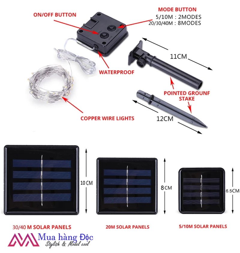 Chuỗi dây đèn trang trí đom đóm ngoài trời năng lượng mặt trời 20 M 200 led