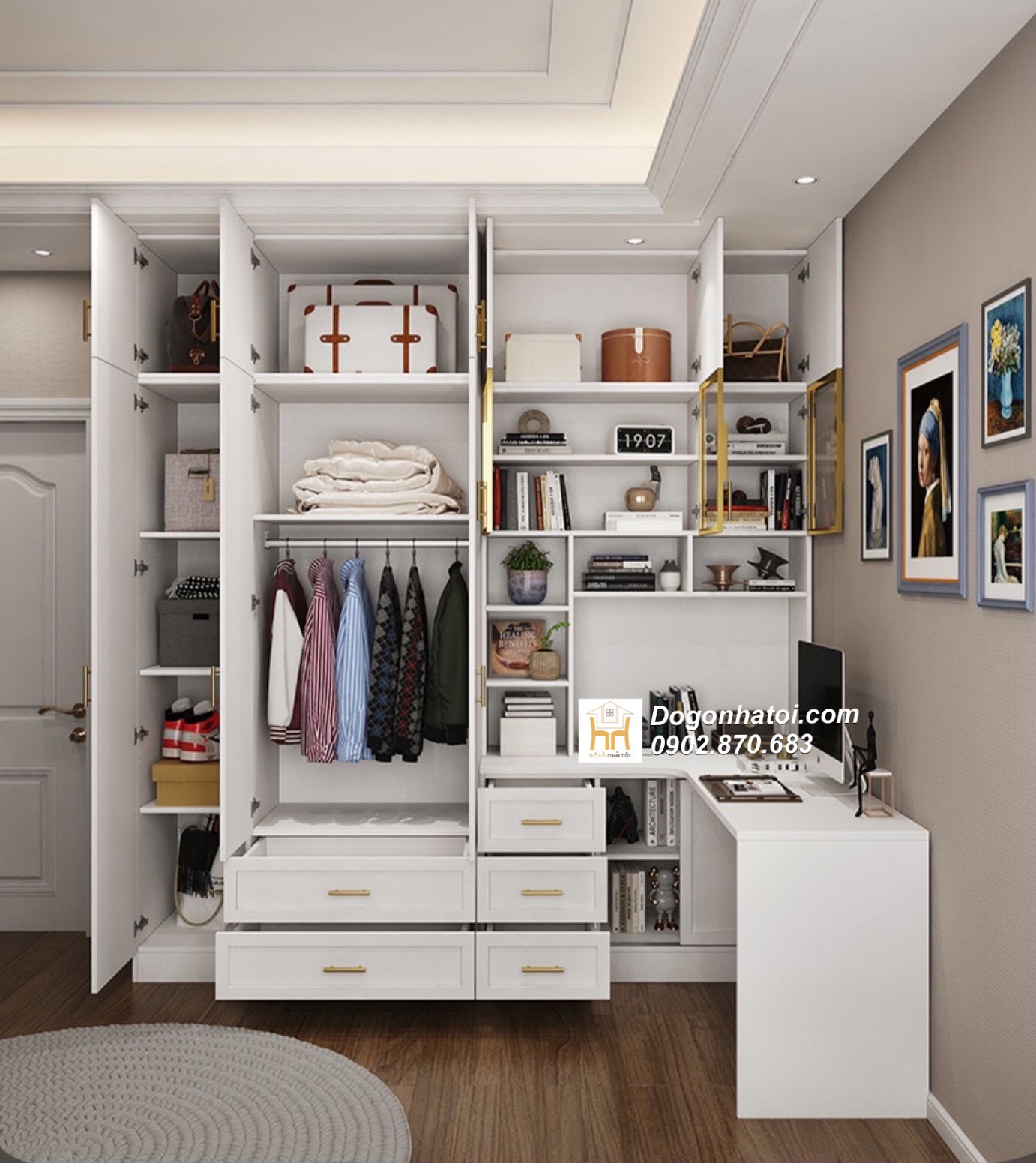 Bàn làm việc kết hợp tủ quần áo phong cách tân cổ điển 2m4 x 2m4 - TA214
