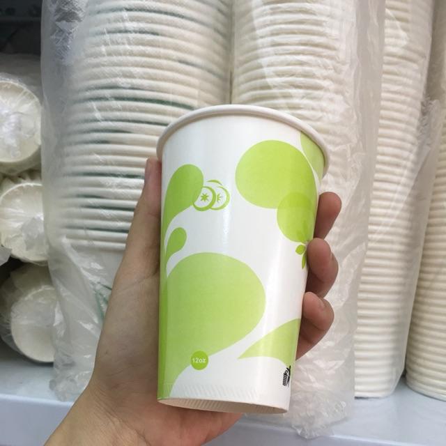 50 cốc giấy dùng 1 lần đựng trà, cà phê 12oz dài in xanh