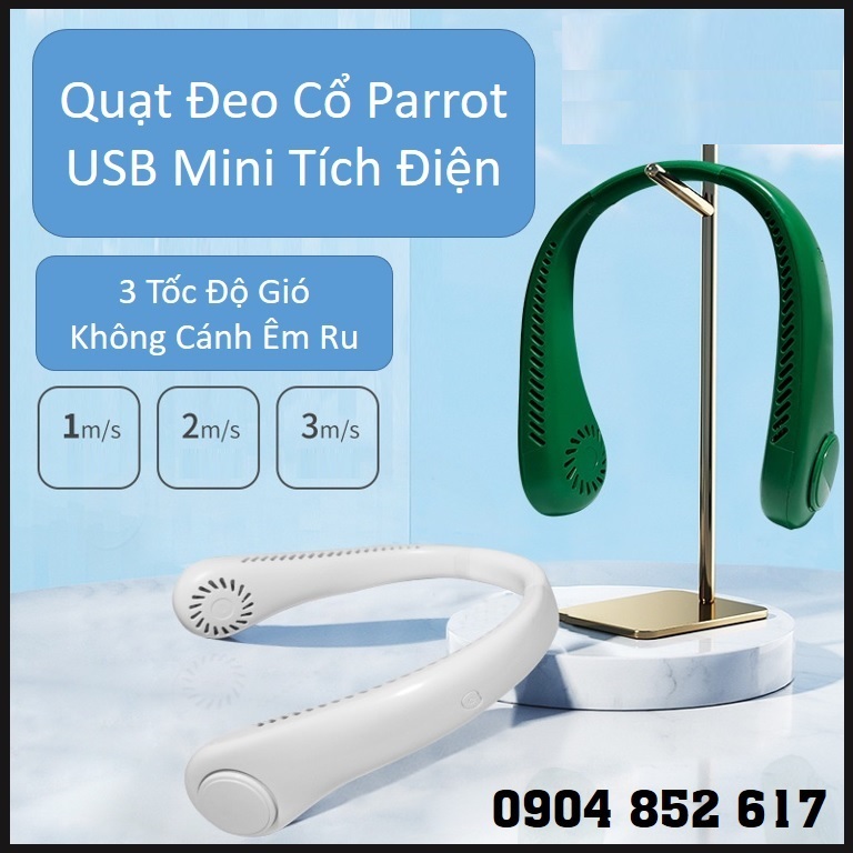 Quạt Đeo Cổ Parrot USB Mini Tích Điện Không Cánh Tiện Lợi, Thời Trang, Dáng Thể Thao