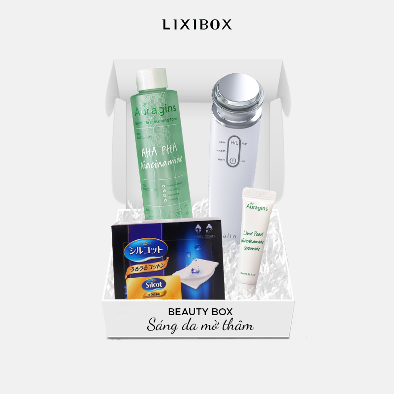 Beauty Box - Sáng da mờ thâm ( Combo Máy Đẩy Tinh Chất Dưỡng Trắng Halio Ion, Nước Hoa Hồng, Gel Dưỡng Ẩm Auragins, Bông Tẩy Trang)