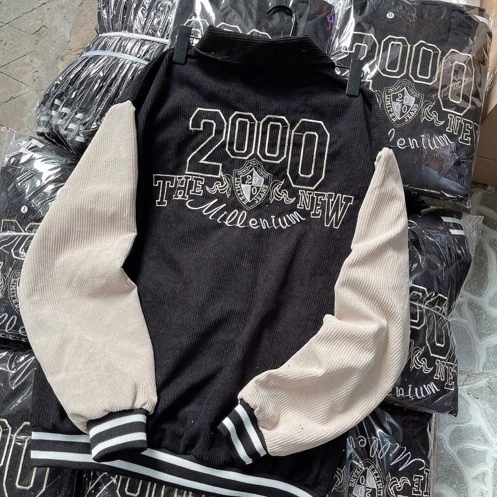 Áo Bomber Jackets/ Áo Khoác Nhung Gân Thêu Logo 2000 Cúc Bấm Unisex Nam Nữ Form Rộng Ulzzang