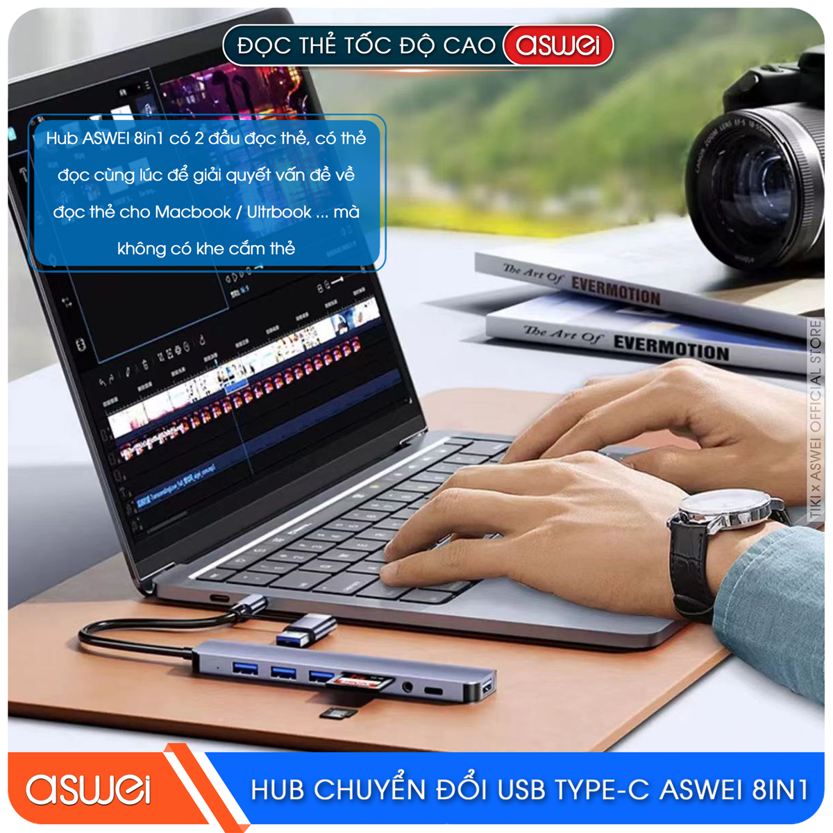 Hub Chuyển Đổi USB Type C ASWEI 8 in 1 - USB 3.0, SD, TF, USB C, Audio 3.5 Tốc Độ Cao - Hàng Chính Hãng