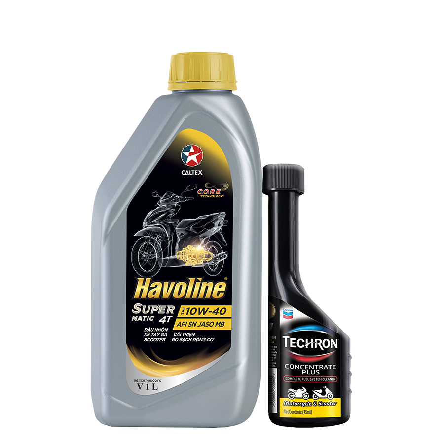 Bộ dầu nhớt xe tay ga Caltex Havoline SuperMatic 4T SAE 10W-40 1L kèm dung dịch vệ sinh buồng đốt