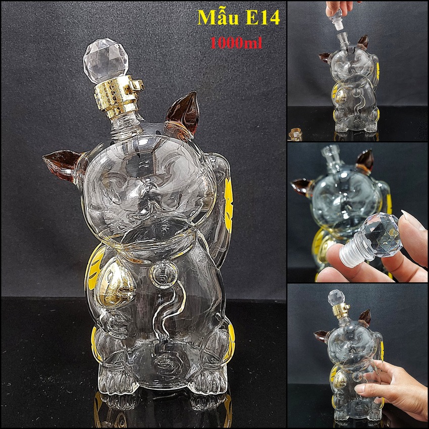 Vỏ Chai Rượu Thủy Tinh 1 lít cao cấp mẫu con mèo may mắn – Bình Đựng Rượu 12 Con Giáp 1000ml