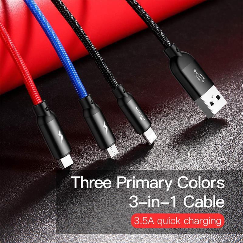 Dây cáp sạc 3 trong 1 Baseus tiện lợi dành cho điện thoại iphone và các dòng android -  lightning / type C / mircro usb - Hàng Chính hãng