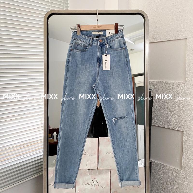 Quần Jean Nữ Slimboy Denim rách 1 bên gối lưng cao chất co giãn thoải mái phom trẻ trung