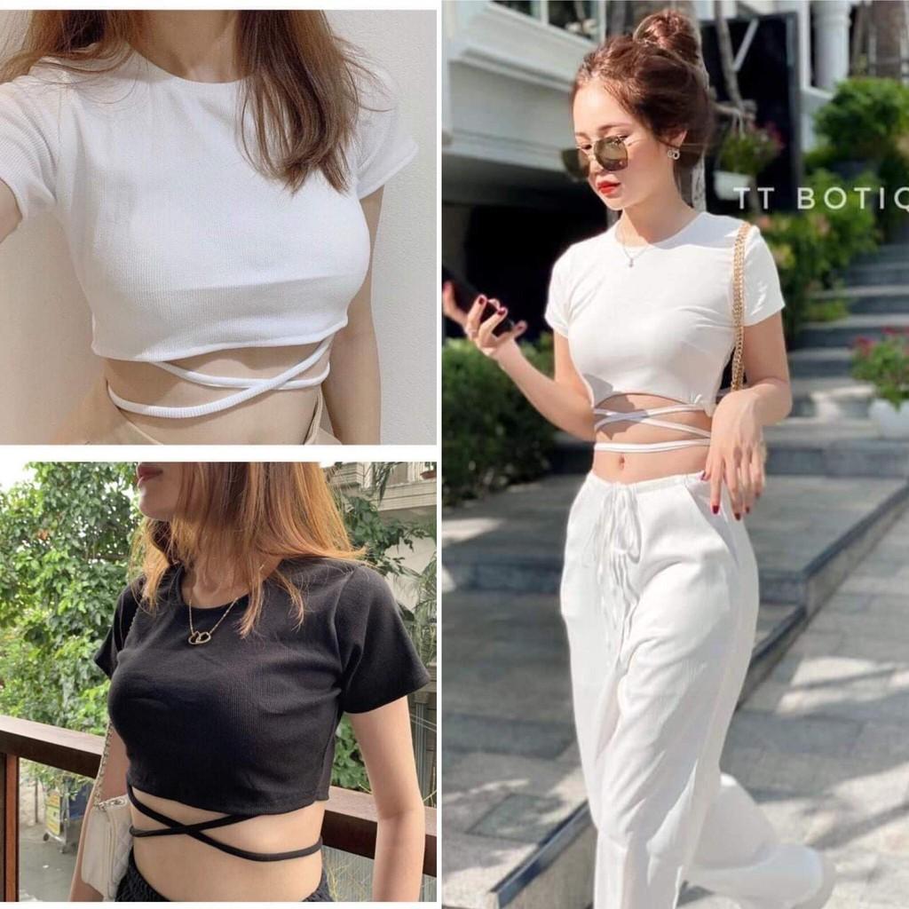 Áo thun croptop cộc tay nữ buộc dây eo sexy - Áo croptop phông thiết kế dây buộc eo điệu đà Ulzzang