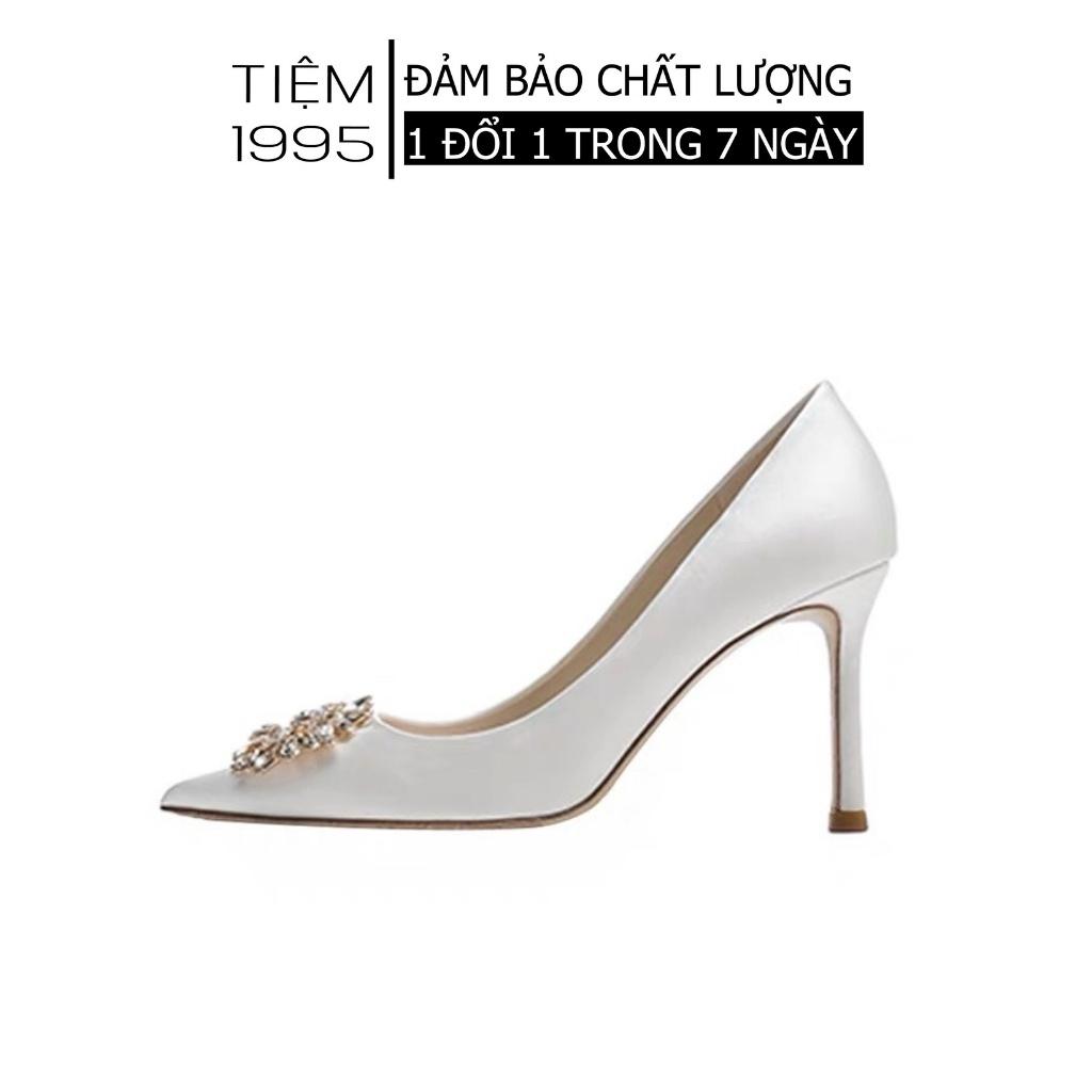 (Sẵn size 37) Giày cao gót, giày cưới cô dâu màu trắng chất liệu lụa satin đính đá cao cấp - GCCD008