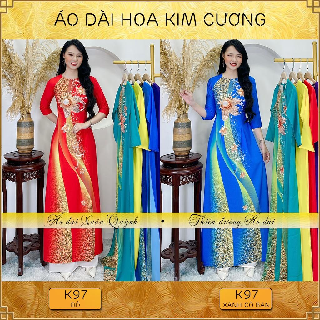 Top Áo Dài Họa Tiết Hoa Kim Cương Dải Chấm Bi Sang Trọng, Lụa Habutai K97 - Áo Dài Xuân Quỳnh - Chỉ mua Áo Dài Xanh,3XL