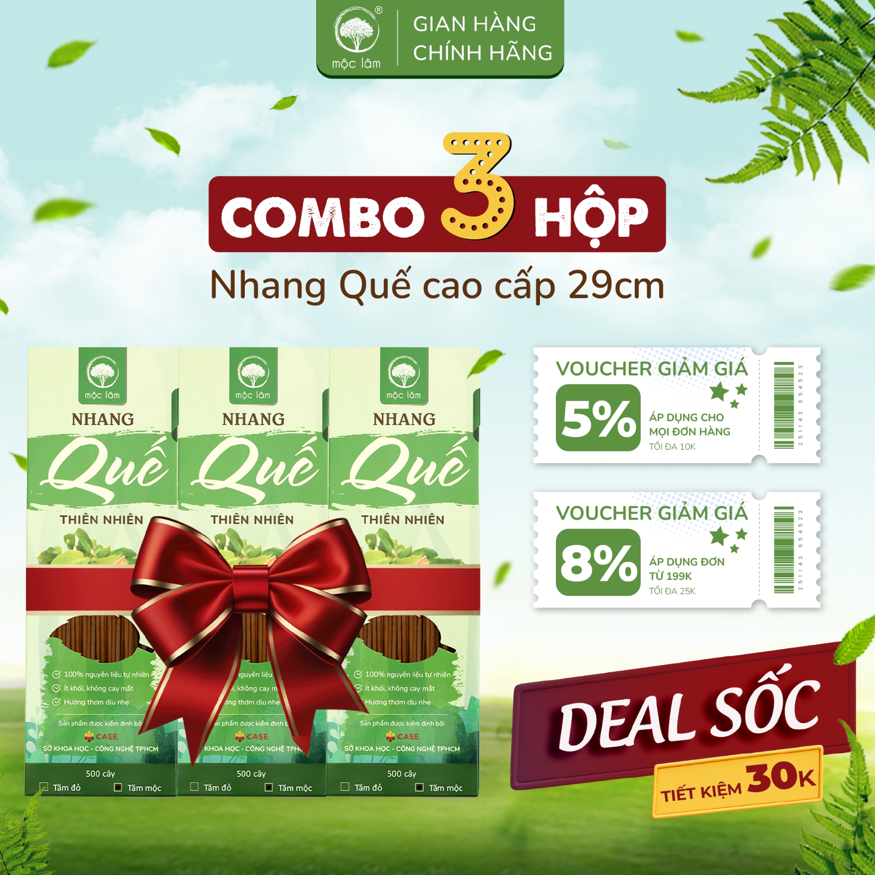 [COMBO 3HỘP] Nhang Quế Thiên Nhiên 1500cây 29cm - TIẾT KIỆM 30K - Nhang Sạch - Ít khói - MỘC LÂM