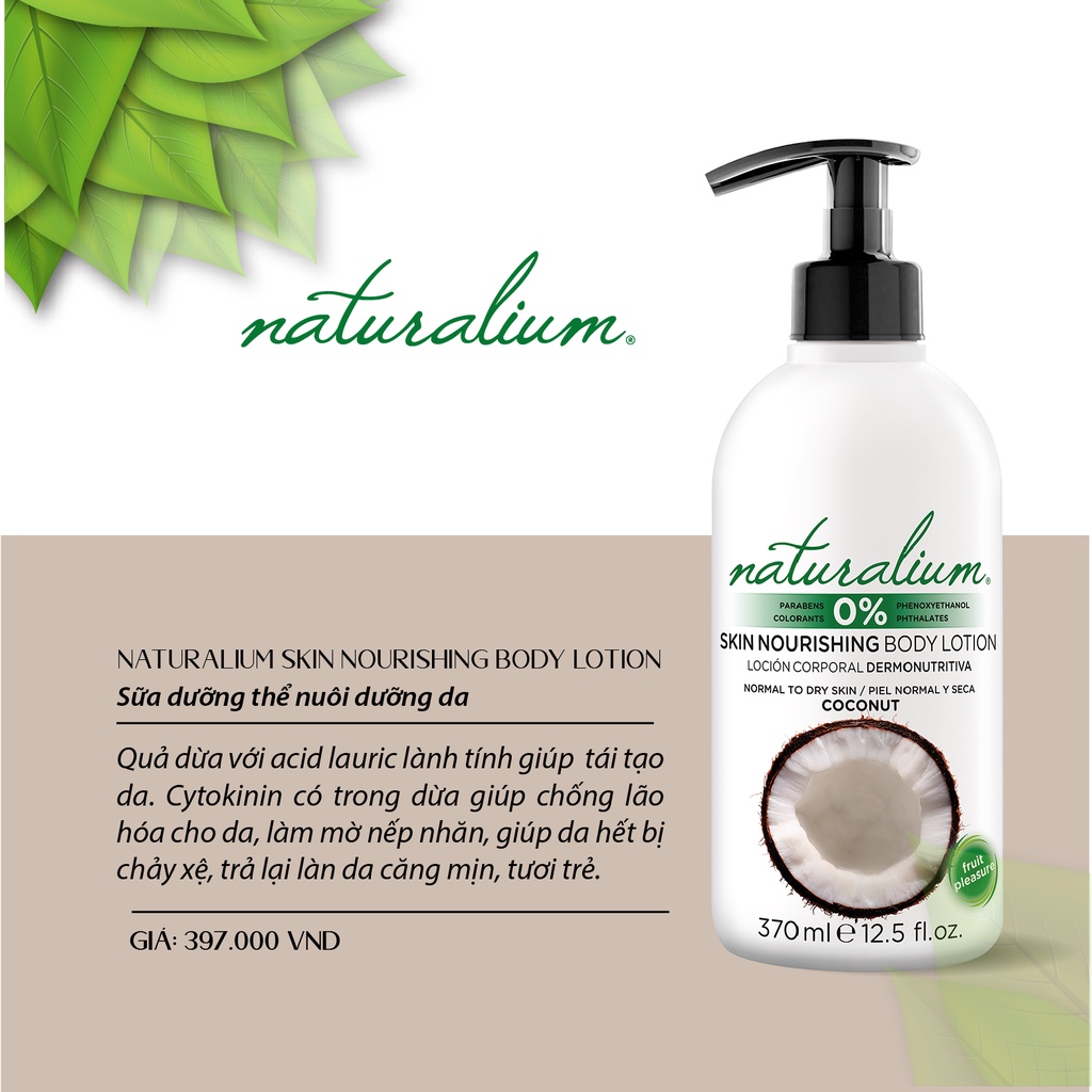 Sữa dưỡng thể NATURALIUM Skin Nourishing Body Lotion hương dừa 370ml giúp tái tạo da, chống lão hóa & dưỡng da căng mịn