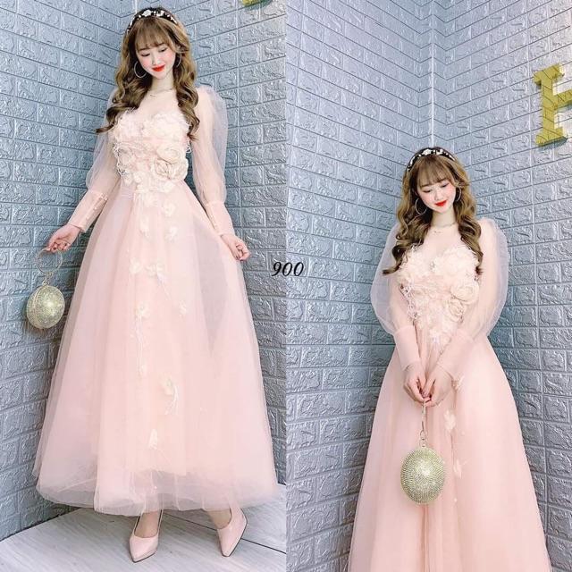 Đầm Maxi xoè tay dài phồng kết cườm và hoa nổi -MS202V- Size M/L đến 57kgMM MM