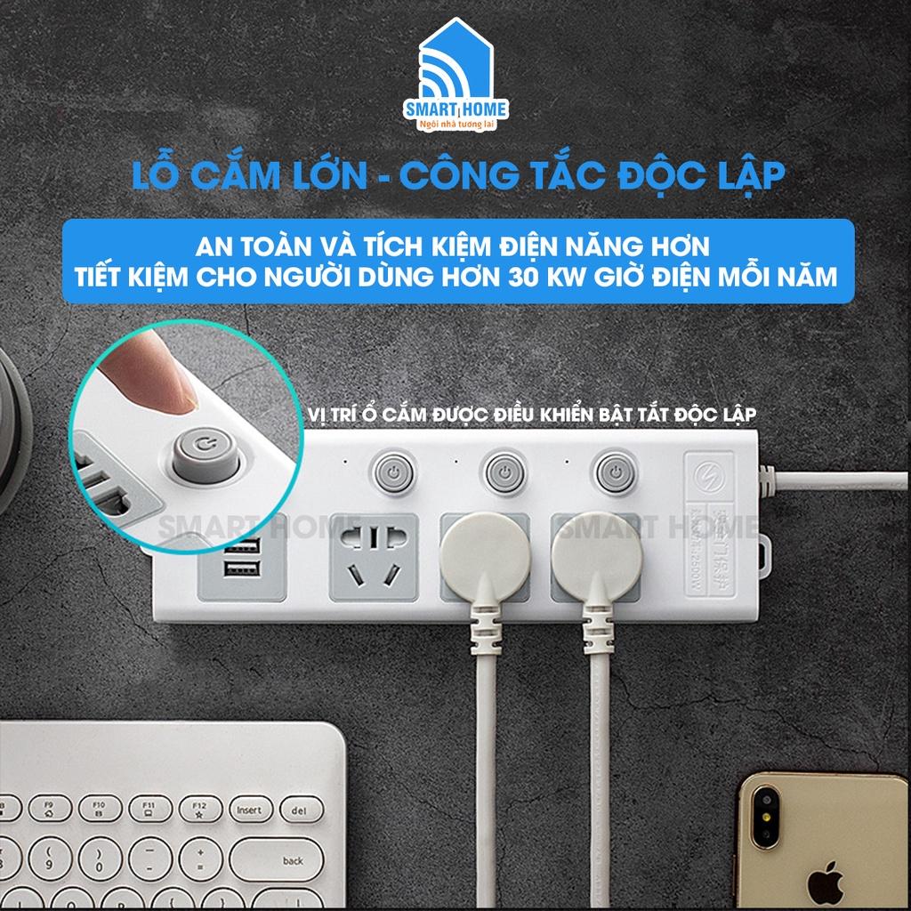 Ổ Cắm Điện Đa Năng Thông Minh, Ổ Điện An Toàn, Chống Giật, Cổng USB 5V, Chịu Tải 2500W, Dây Lên Đến 4.5m