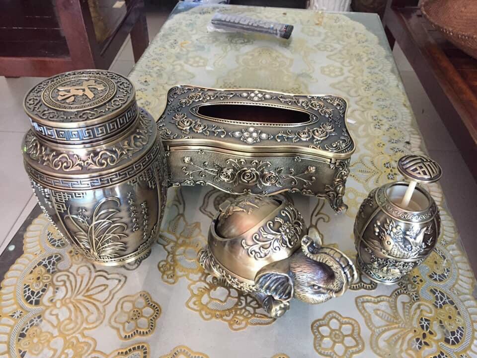Hộp đựng giấy kèm gạt tàn, lọ tăm, hộp đựng trà (combo 4 món ) - Decor trang trí để bàn