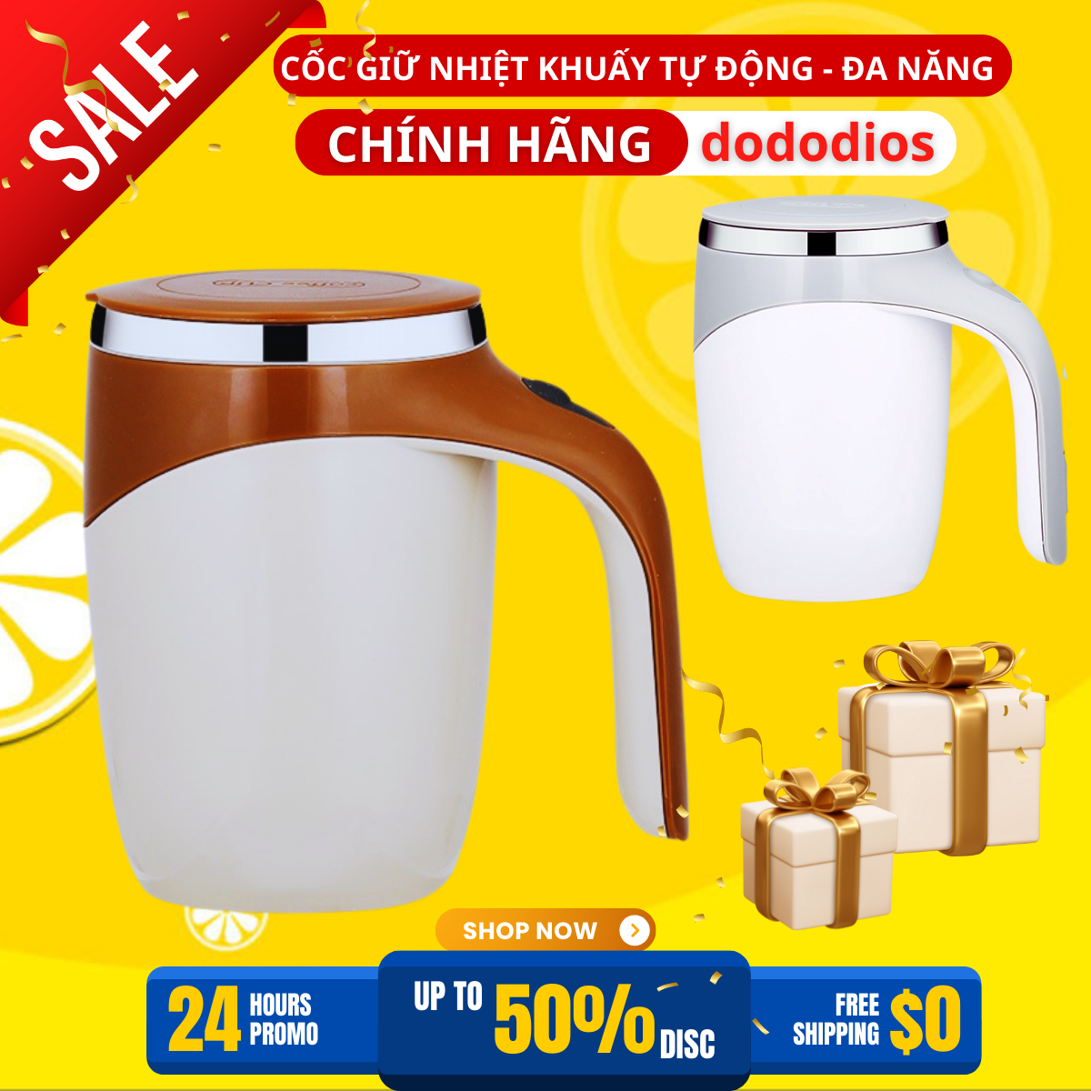 Cốc tự khuấy từ tính dododios giữ nhiệt, inox 304 và nhựa an toàn - Hàng Chính Hãng