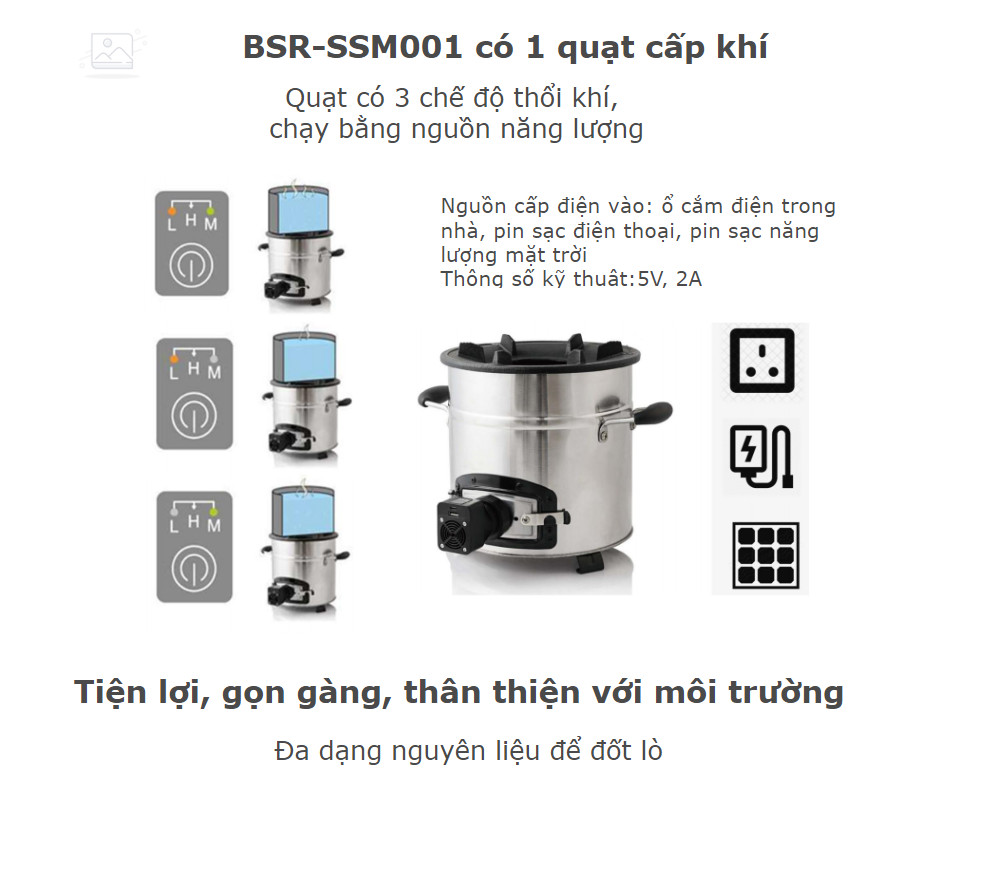 Bếp đun nướng bằng viên nén, than củi, có quạt sạc BSR-SSM001 Có bộ nướng BBQ (bán kèm nếu mua thêm)