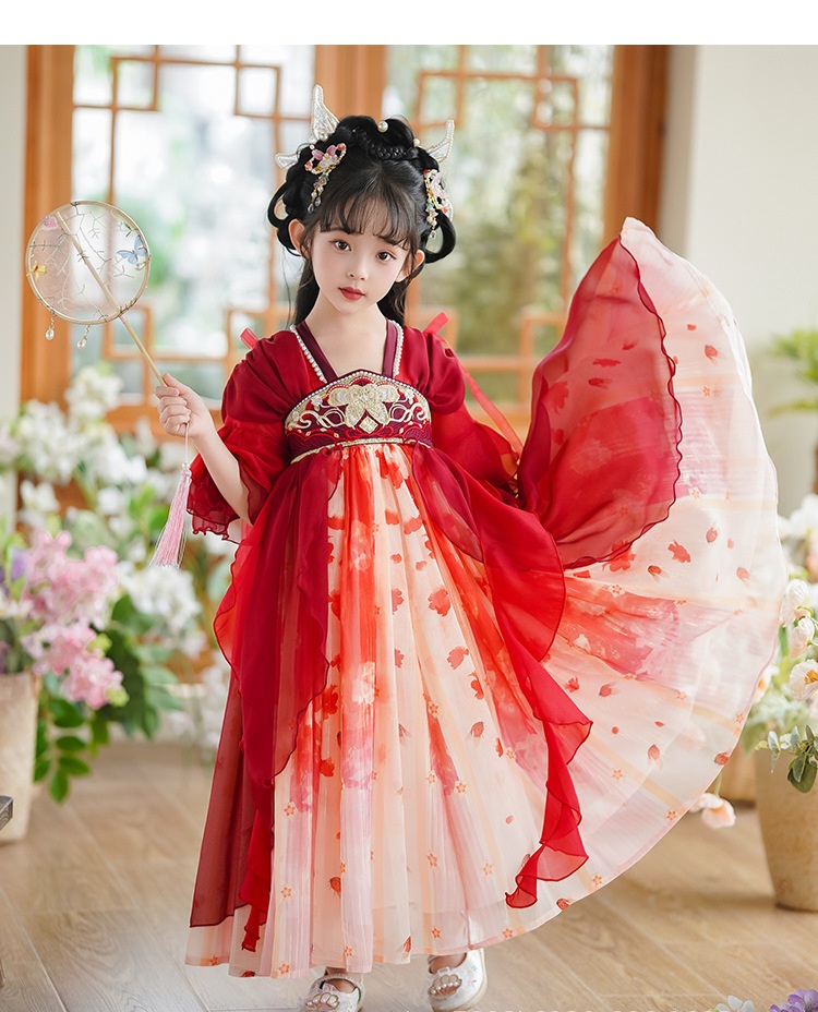 Đầm váy công chúa cổ trang hanfu thêu hoa cho bé gái diện lễ tết trung thu đẹp size 100-160kg hàng Quảng Châu