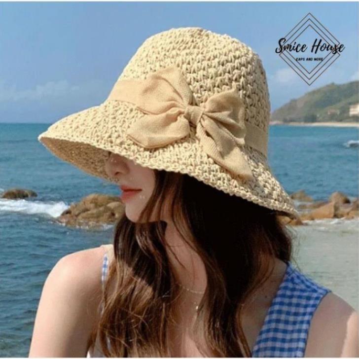 Nón mũ cói mềm đi biển rộng vành nữ có thể gấp gọn phong cách thời trang Hàn Quốc- Smice House