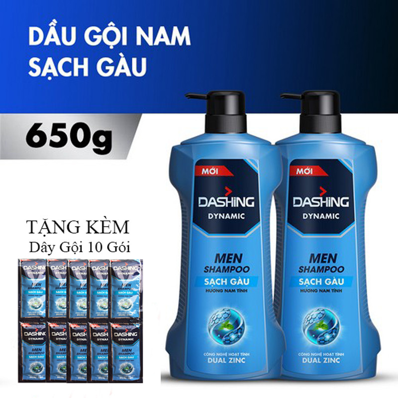 Combo 2 Chai Dầu Gội Sạch Gàu Cho Nam Giới Dashing Dynamic Men Shampoo (650g*2)+Tặng kèm 10 gói dầu gội Dashing