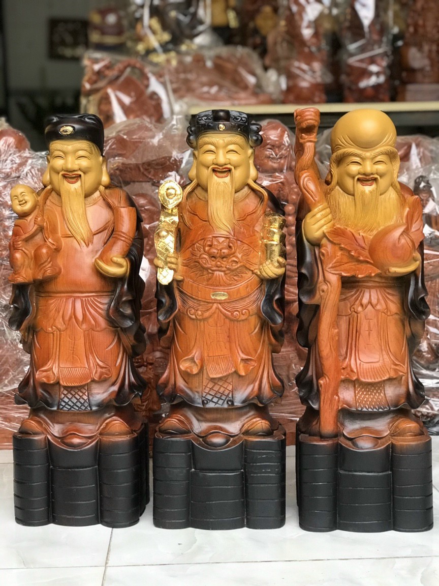 Bộ tượng phật tam đa phúc lộc thọ bằng gỗ hương tô làm mầu giả cổ kt cao 60×18×16cm