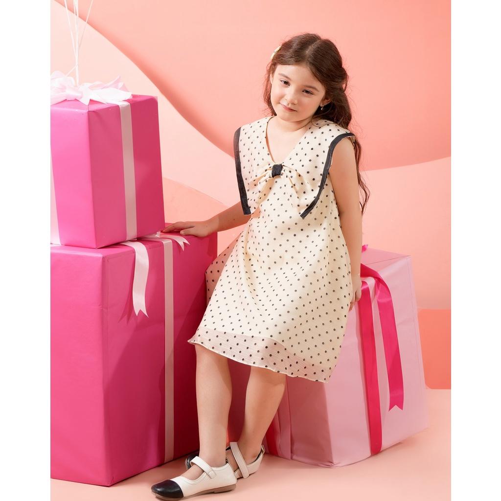 Đầm chấm bi bé gái BYZU chất liệu tơ cotton, váy thiết kế nổi bật với chiếc nơ to
