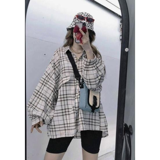 Áo sơ mi caro cánh dơi form rộng oversize túi lệch nắp 4 màu Lovi