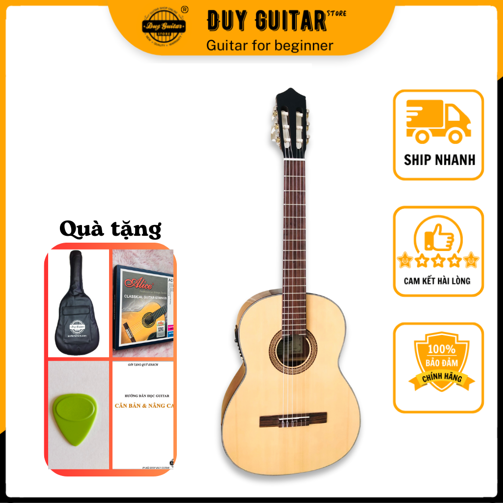 Đàn guitar classic có EQ Duy Guitar DC120X thùng full size có khuyết gỗ Hồng đào nguyên tấm âm thanh tốt