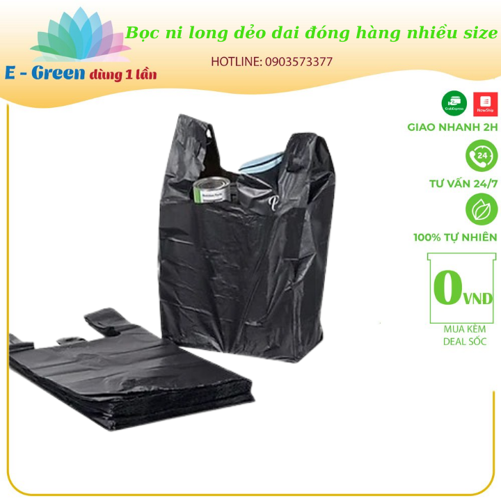 Bịch nilon, bọc nilon quai xách màu đen dẻo dai đựng rác, đóng hàng nhiều size - 1kg - E Green Dùng 1 Lần