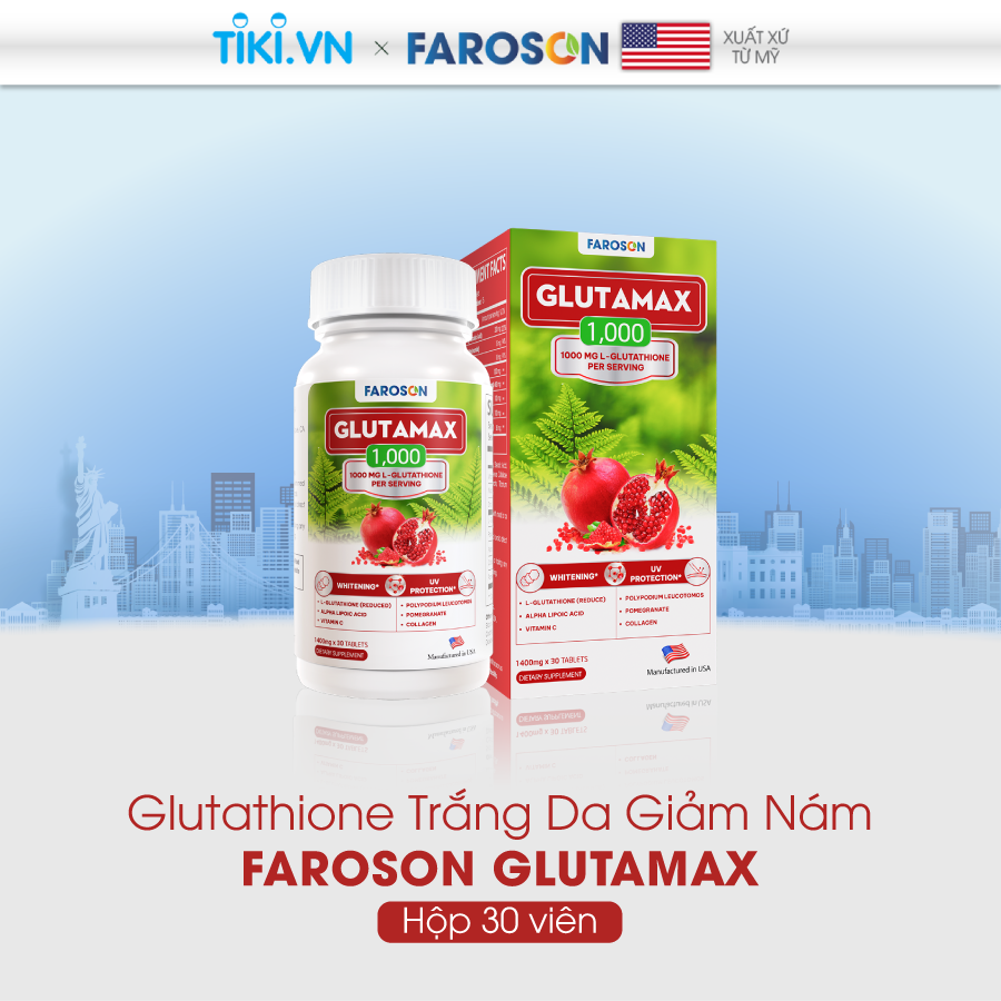 Viên uống Glutathione Faroson Glutamax 1000 trắng da mờ thâm nám chống nắng hộp 30 viên