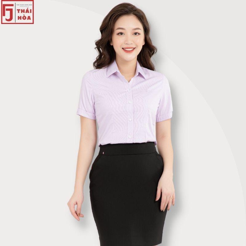 Áo sơ mi nữ Thái Hoà cống sở kẻ tăm caro đẹp cao cấp màu tím cotton 631-11-01