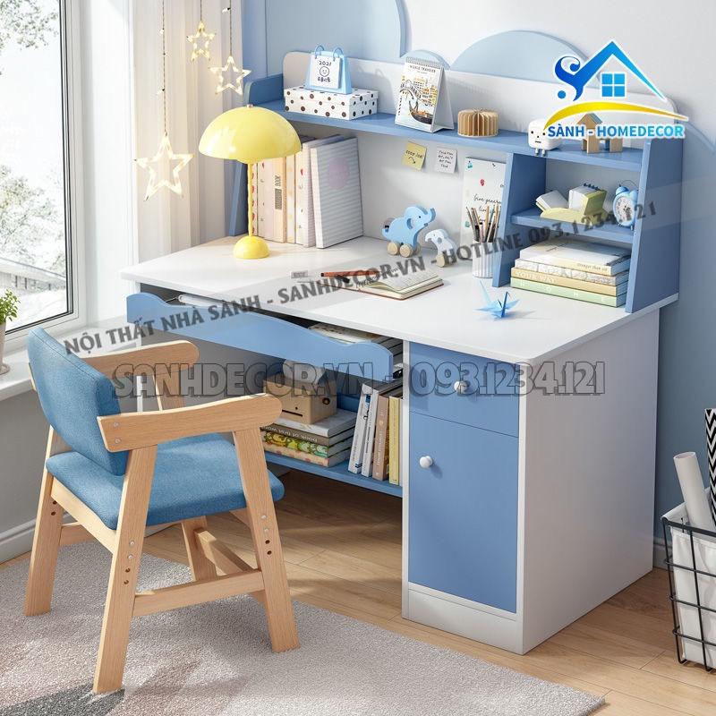 Bàn học cho bé liền kệ sách size 1m/1m2 gỗ MFC/MDF An Cường dày 17mm BLV132, bàn học sinh, bàn làm việc gỗ hàng melamine cao cấp