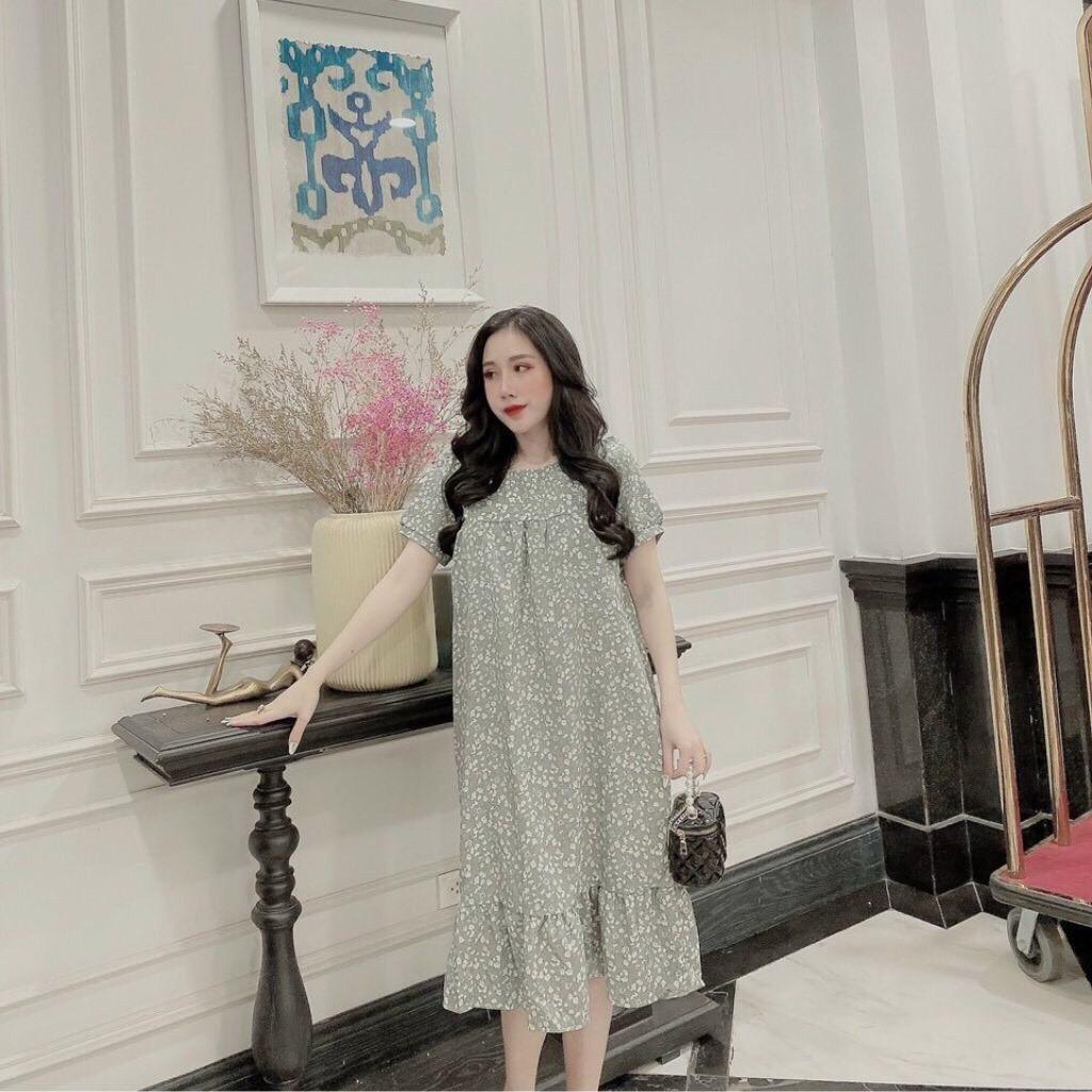 Váy bầu thiết kế dáng suông dài VBCN01 hoa nhí chất lụa hàn freesize từ 45-70kg