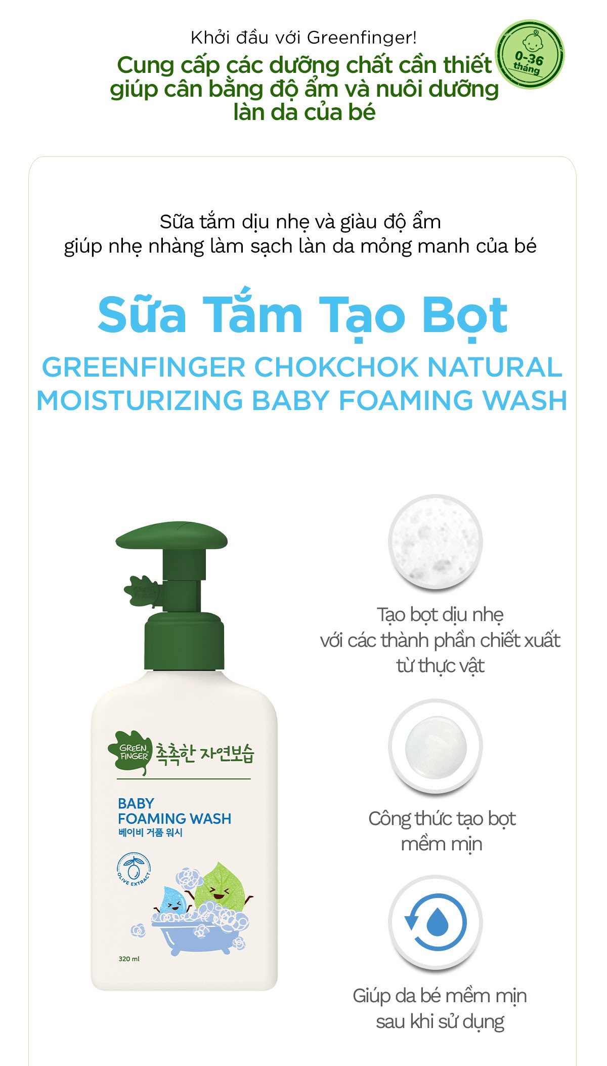 Sữa Tắm Tạo Bọt Dưỡng Ẩm Cho Bé Greenfinger ChokChok Moisture Baby Foaming Wash 320ml