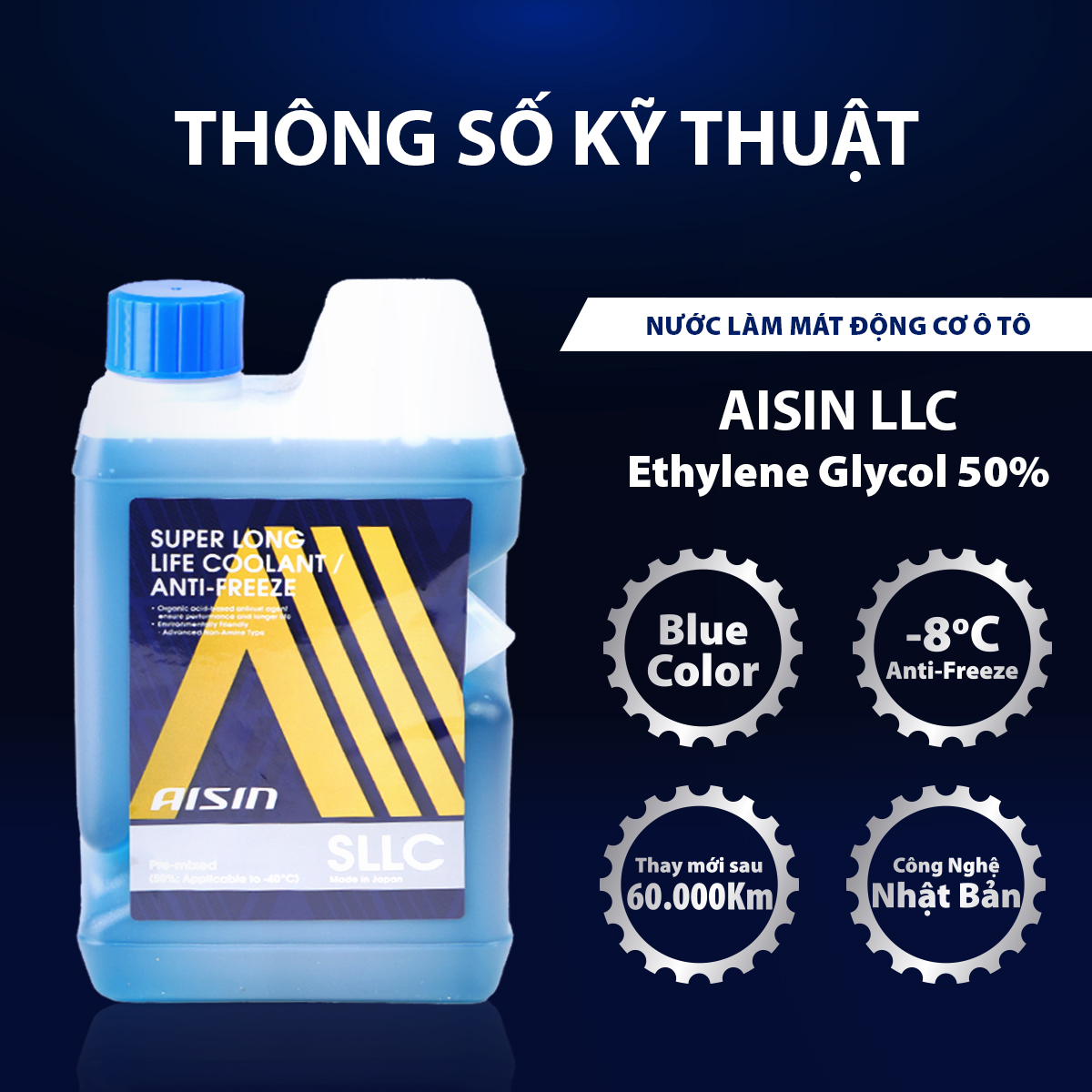 Nước Làm Mát Động Cơ Màu Xanh Dương AISIN Super Long Life Coolant 50% 1 Lít SCPM50A1LB - Nhập Khẩu Chính Hãng