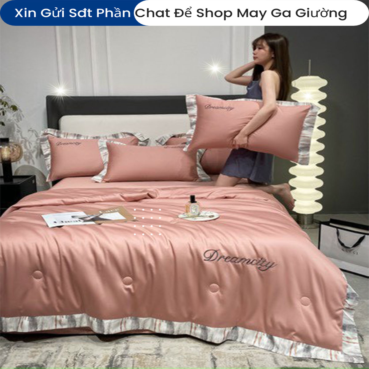 Bộ Chăn Ga Gối Đệm 5 Món Phi Lụa Tencel Dream City Cao Cấp Chuẩn Khách Sạn 5 Sao Bộ Drap Ra Ga Nệm Trải Giường ( Xin gửi shop chiều cao nệm )