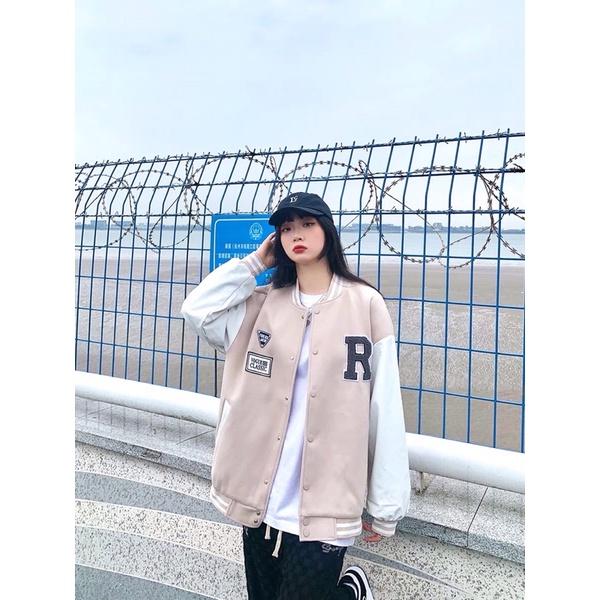 Áo khoác bomber bóng chày kaki da lộn nhung dạ 2 lớp nút bấm thêu R unisex ulzzang nam nữ AK321