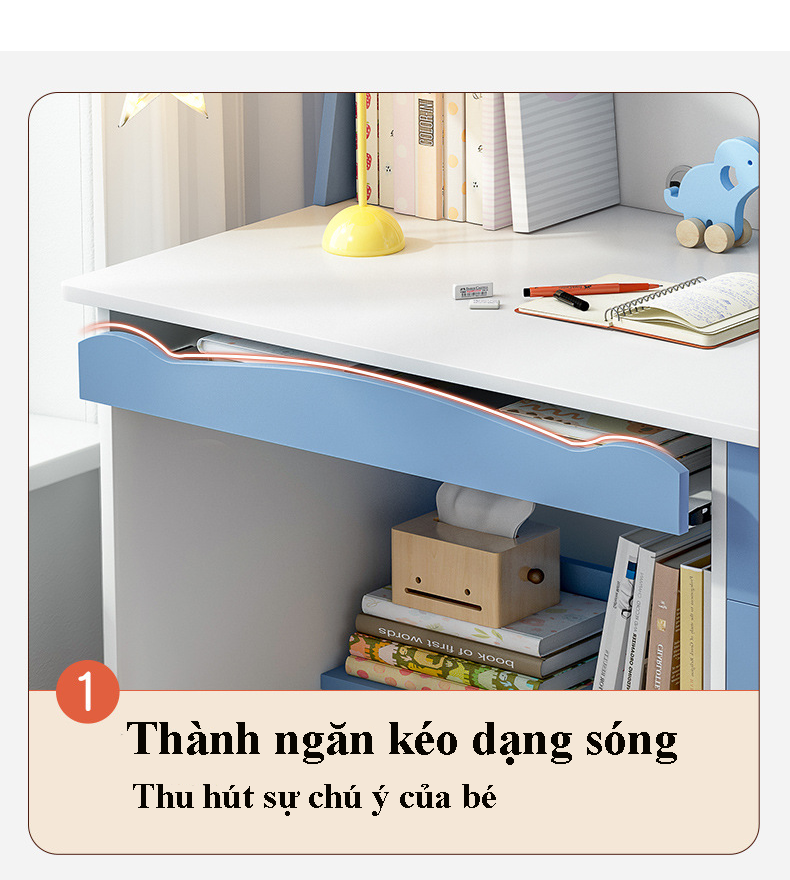 Bàn học sinh kích thước nhỏ màu sắc tươi sáng gỗ mdf cao cấp, bàn máy tính làm việc liền kệ sách trên bàn tiện lợi