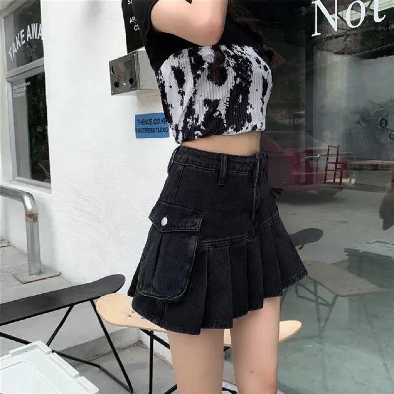 (SẴN L, XL) CHÂN VÁY JEAN XOÈ XẾP LY PHONG CÁCH RETRO V6