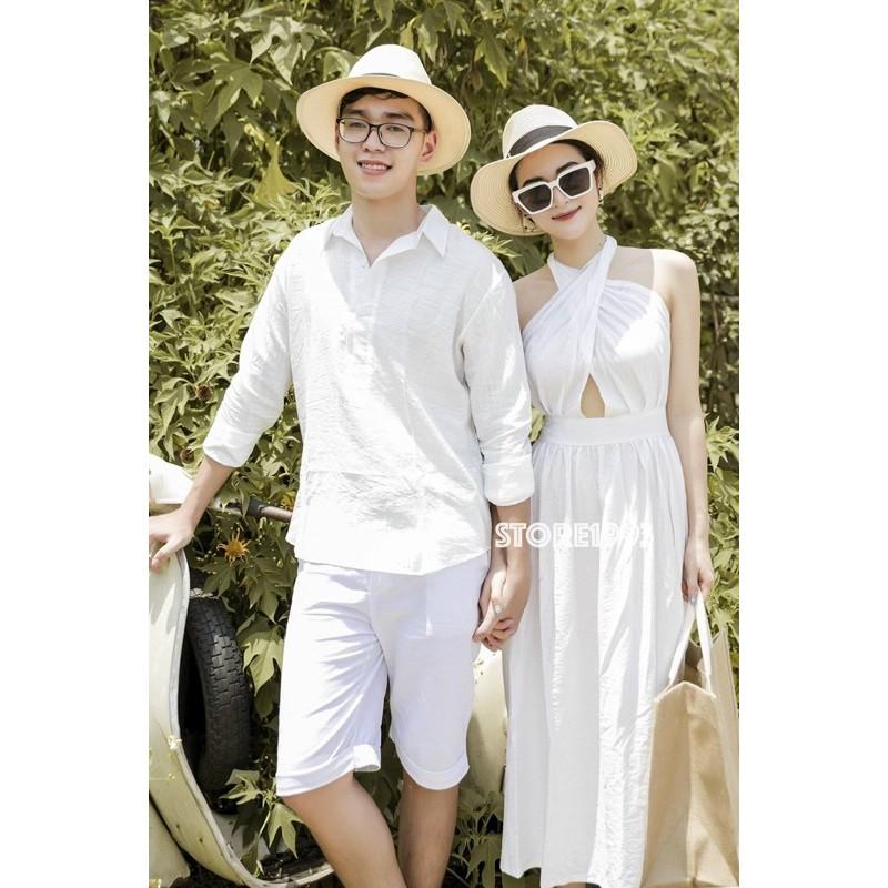 SET ĐỒ ĐÔI TÌNH NHÂN ÁO SƠ MI NAM ĐẦM NỮ ĐI BIỂN ĐẦM YẾM MÀU TRẮNG PHONG CÁCH HÀN QUỐC