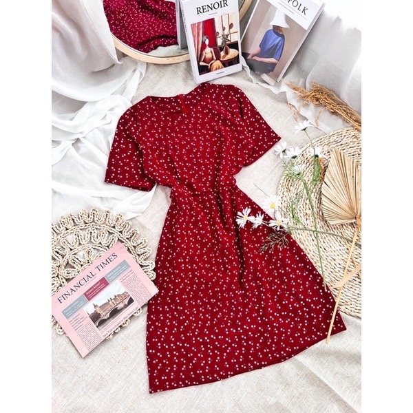 Đầm hoa nhí cột nơ lưng - đầm midi hoa nhí đỏ
