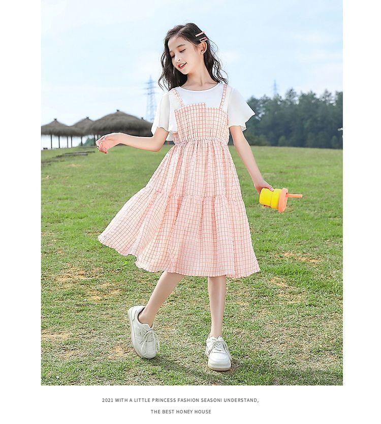 DONGSHOP HOT Cô gái ăn mặc mùa hè 2023 váy trẻ em trung bình lớn phong cách tây kẻ sọc đầm cô gái váy công chúa