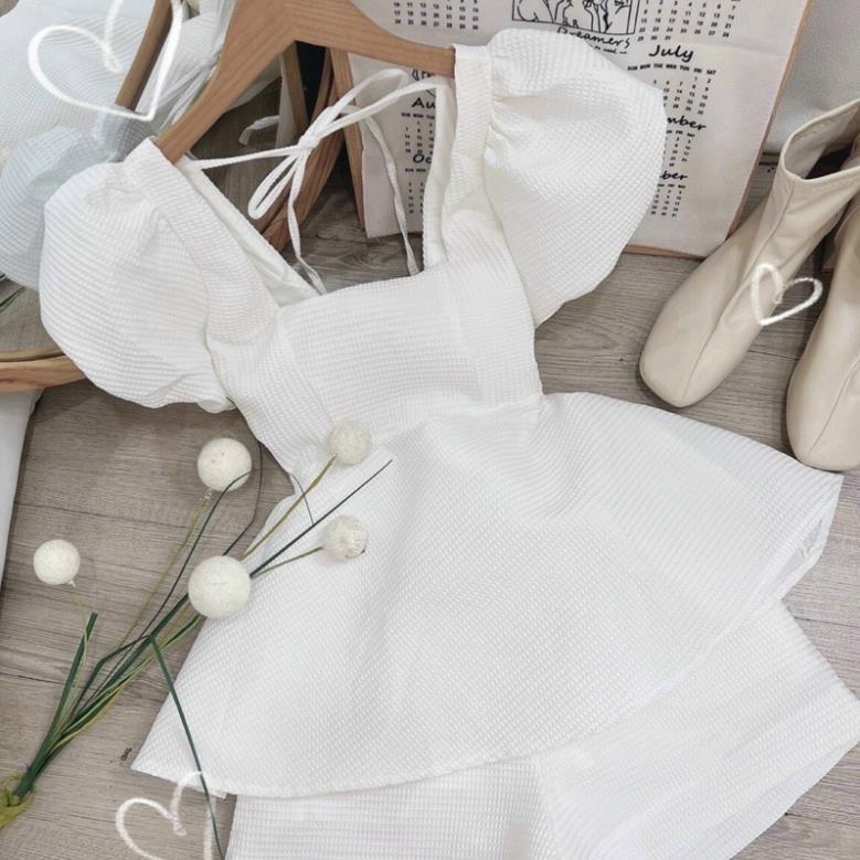 Set áo babydoll xốp cột nơ lưng cổ U tay phồng , quần short