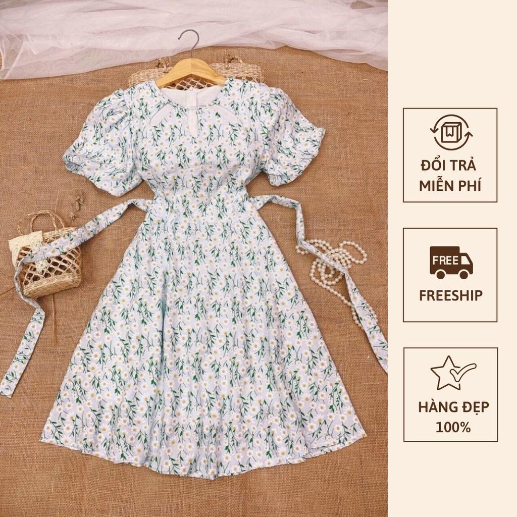 Đầm babydoll hoa nhí, Váy hoa nhí trắng dáng xòe Cao Cấp tay ngắn có dây cột eo, nữ tính quyến rũ - MiNhi Fashion