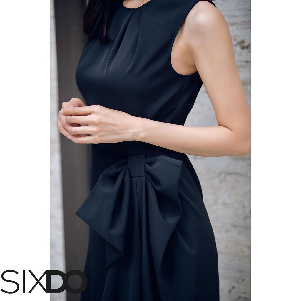 Đầm lụa đen sát nách xẻ tà phối nơ eo SIXDO